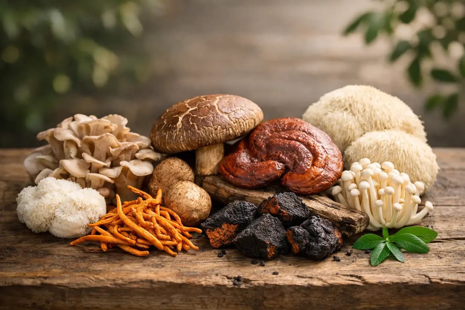 Maitake, shiitake, reishi, lion's mane, cordyceps and chaga laid out on a wooden board