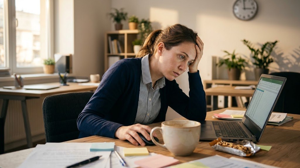 A tired woman at her desk in the afternoon with a mug of coffee and a snack bar
