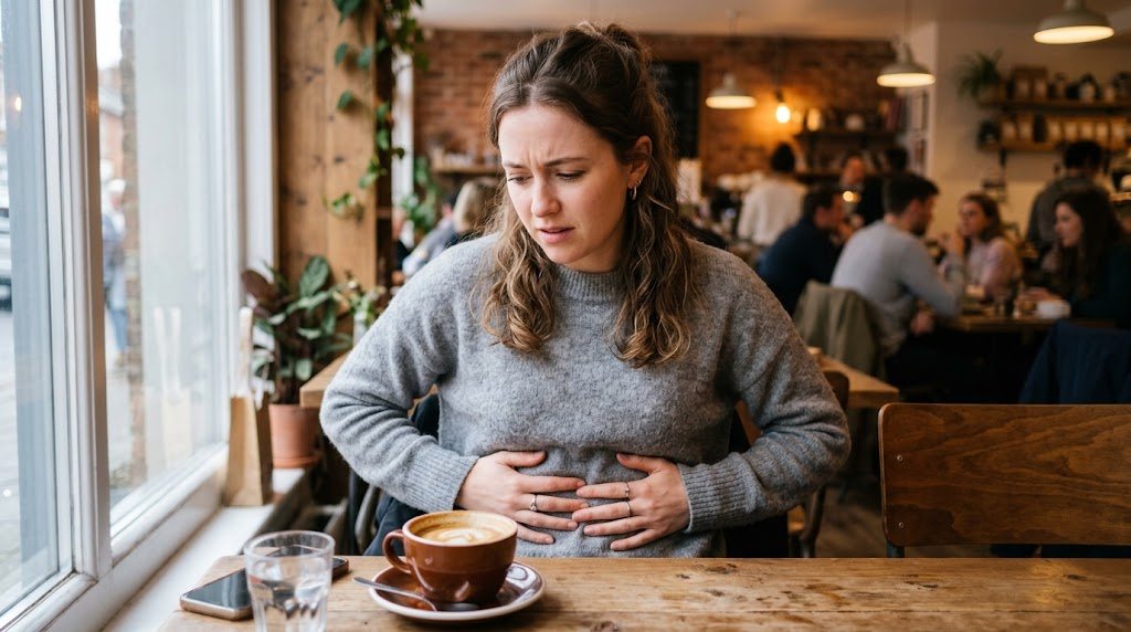 A woman in a cafe holding her bloated stomach next to a cappuccino