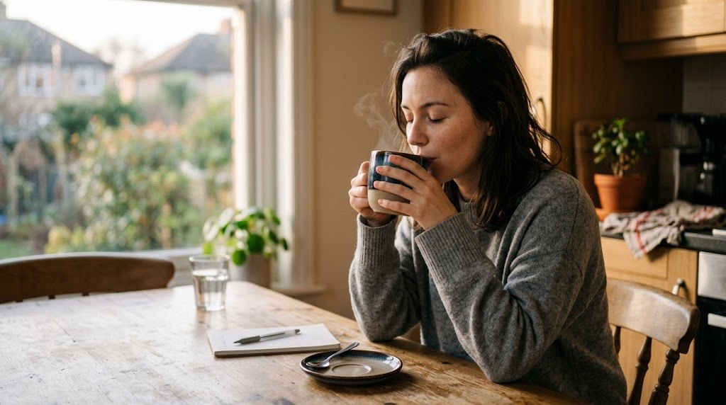 A woman sipping her morning coffee at a kitchen table by the window