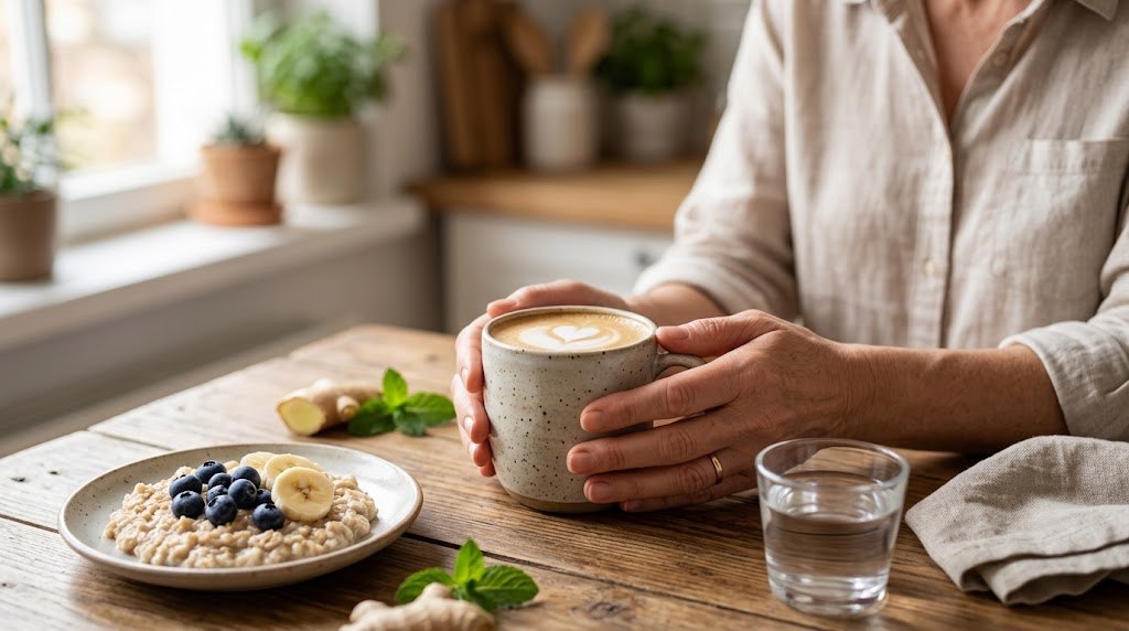 Hands around a mug of coffee next to a bowl of oatmeal with blueberries and banana