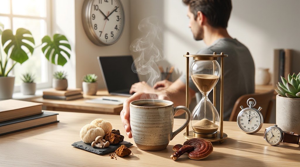 A mug of mushroom coffee next to an hourglass, a stopwatch and dried mushrooms on a desk