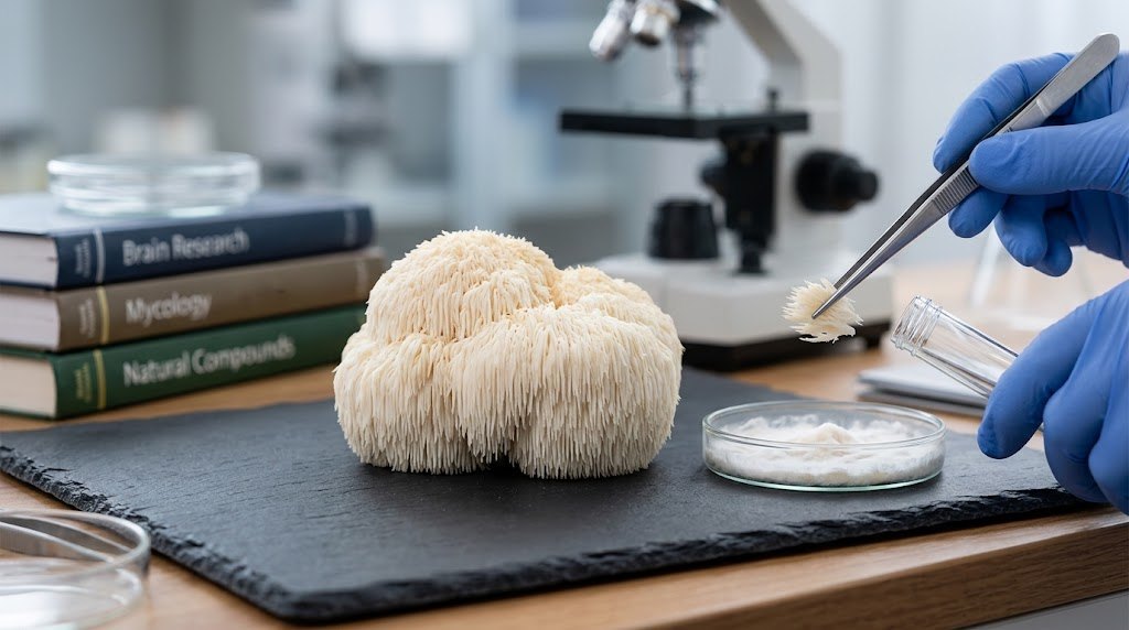 A lion's mane mushroom on a lab bench next to a microscope and research books