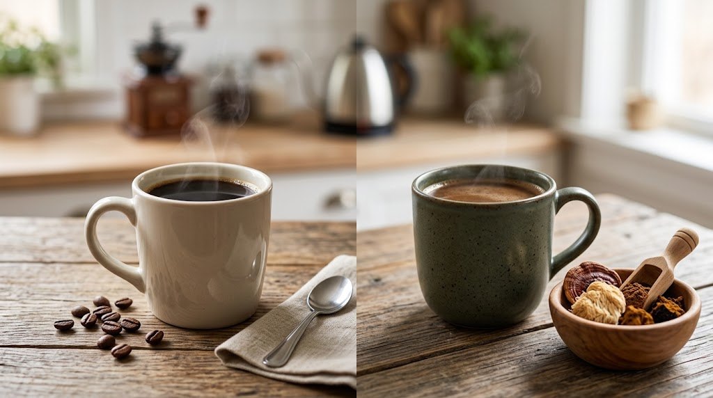 A mug of black coffee next to a mug of mushroom coffee with a bowl of dried mushrooms
