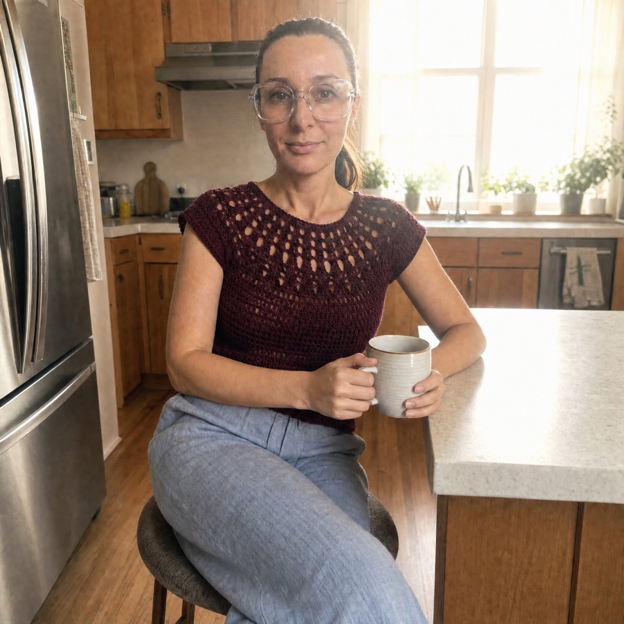 Melissa Carpenter holding a mug of coffee in her kitchen