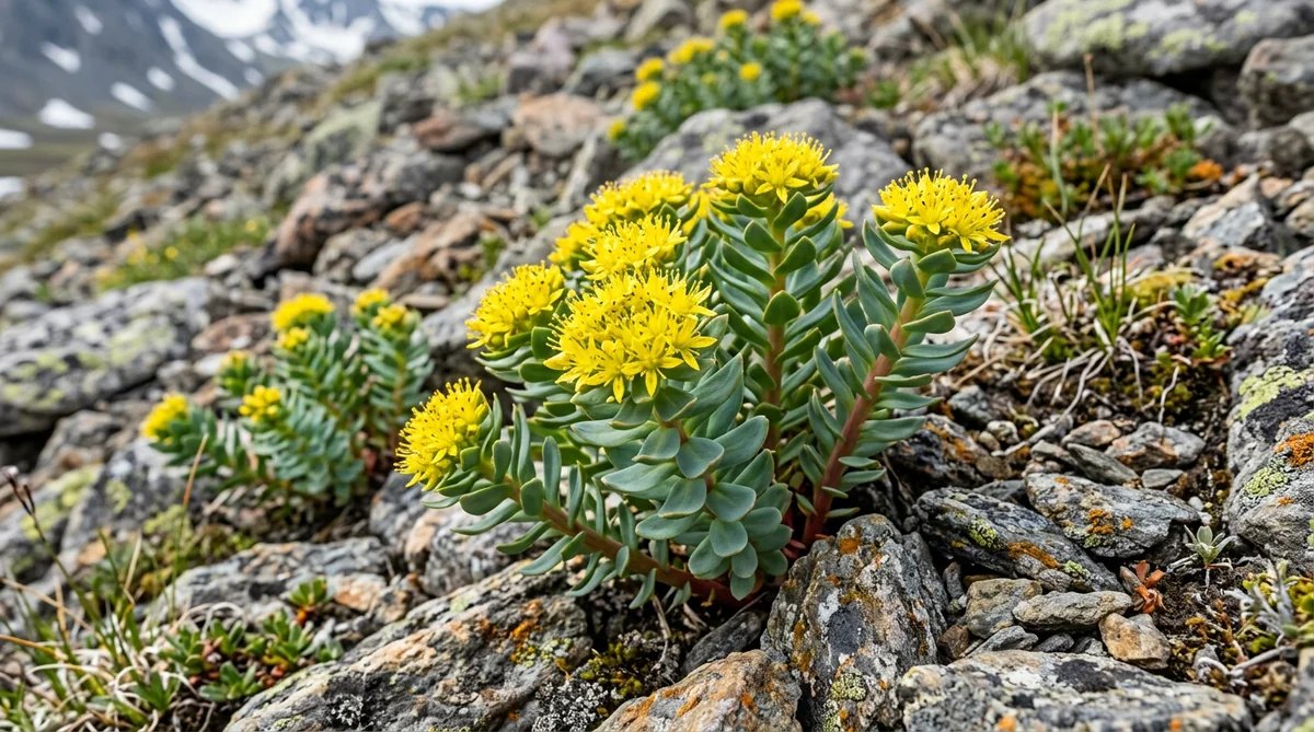 Rhodiola rosea flowering on alpine scree below a snow-covered ridge